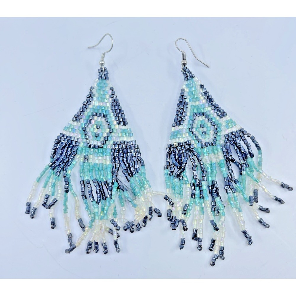 Southwestern Design Glass Iridescent Beaded Earrings Handmade 4.5"